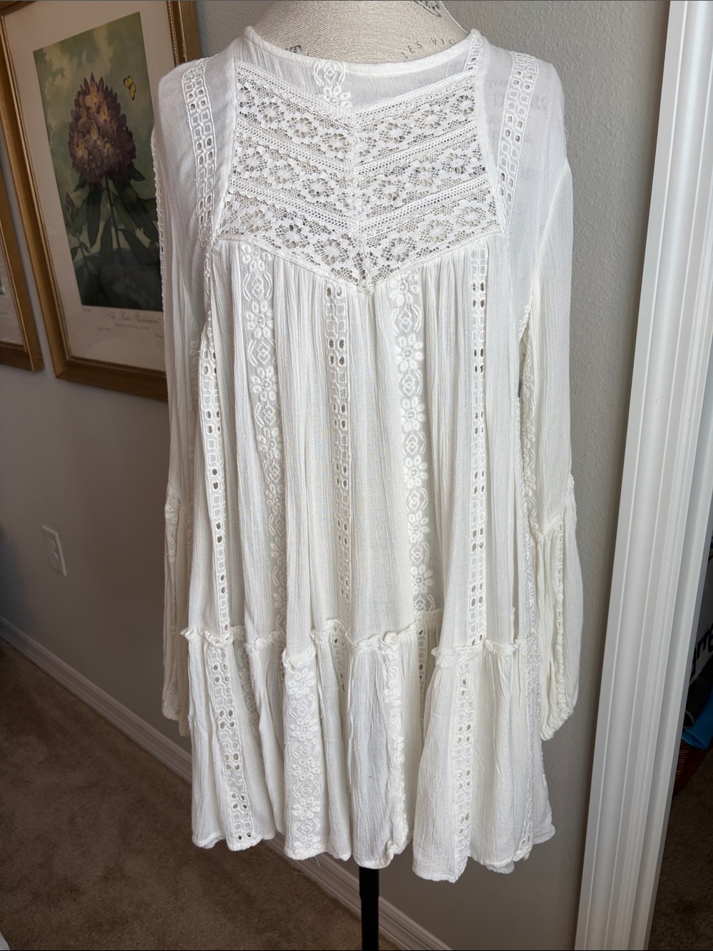 Free People White Boho Lace Crochet Long-Sleeve Tunic Top